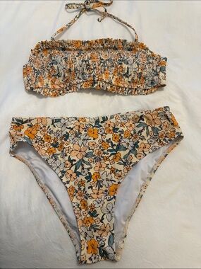 Smocked Floral Bikini Set in Cream and Mustard Medium